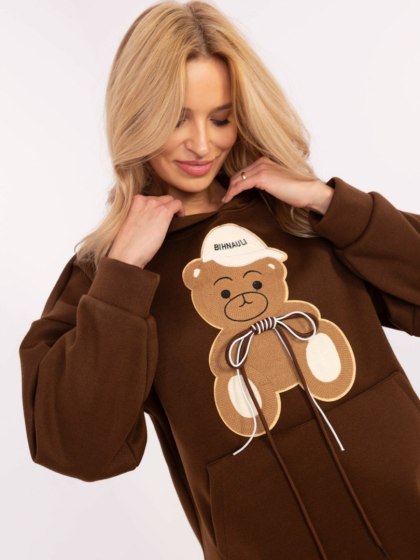 Bluza kangurka z naszywką misia, z kapturem, oversize brązowa