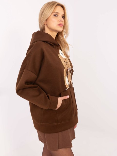 Bluza kangurka z naszywką misia, z kapturem, oversize brązowa