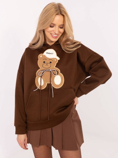 Bluza kangurka z naszywką misia, z kapturem, oversize brązowa
