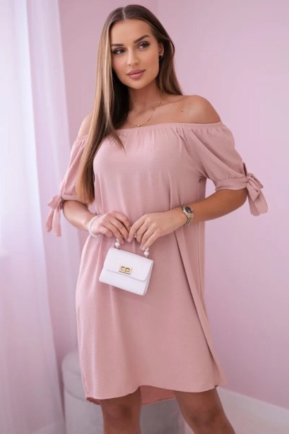 Sukienka wiązana na rękawach pudrowy róż, oversize, letnia