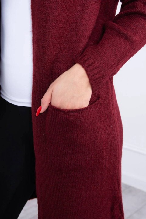 Sweter kardigan z kapturem i kieszeniami gładki bordowy