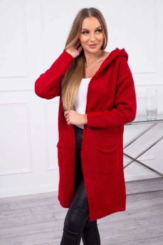 Sweter kardrigan z kapturem i kieszeniami gładki czerwony