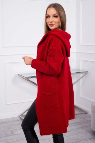 Sweter kardrigan z kapturem i kieszeniami gładki czerwony