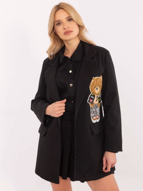 Marynarka casualowa czarna z naszywką misia, zapinana na guzik