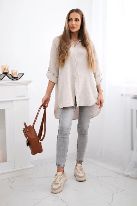 Beżowa koszula damska Plus Size z muślinu bawełnianego, fason oversize Beżowa koszula damska Plus Size z muślinu bawełnianego, fason oversize