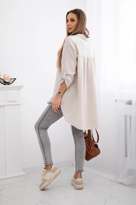 Beżowa koszula damska Plus Size z muślinu bawełnianego, fason oversize Beżowa koszula damska Plus Size z muślinu bawełnianego, fason oversize