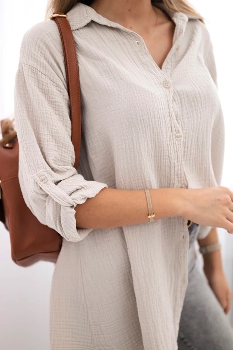 Beżowa koszula damska Plus Size z muślinu bawełnianego, fason oversize Beżowa koszula damska Plus Size z muślinu bawełnianego, fason oversize