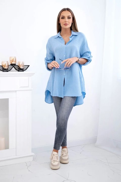 Koszula damska z muślinowej bawełny w kolorze niebieskim, fason oversize Plus Size Koszula damska z muślinowej bawełny w kolorze niebieskim, fason oversize Plus Size