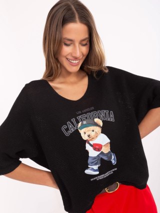 Sweter oversize, czarny z misiem California, z krótkim rękawem