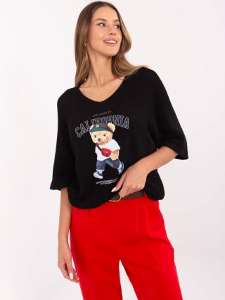 Sweter oversize, czarny z misiem California, z krótkim rękawem