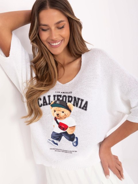 Sweter oversize, ecru z misiem California, z krótkim rękawem Sweter oversize, ecru z misiem California, z krótkim rękawem