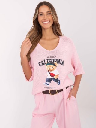 Sweter oversize, różowy z misiem California, z krótkim rękawem