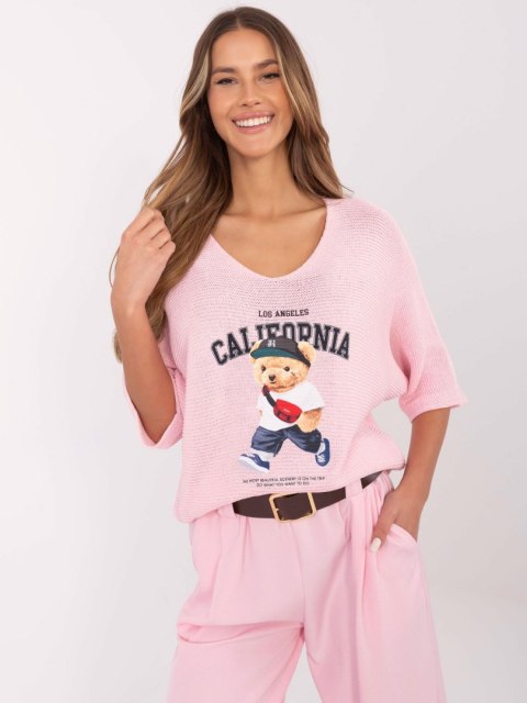 Sweter oversize, różowy z misiem California, z krótkim rękawem Sweter oversize, różowy z misiem California, z krótkim rękawem