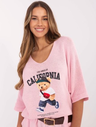 Sweter oversize, różowy z misiem California, z krótkim rękawem