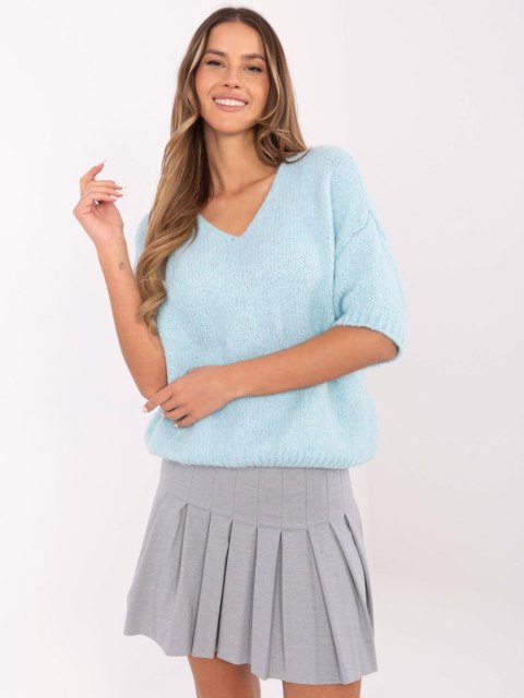 Sweter oversize z krótkim rękawem, niebieski, akrylowy