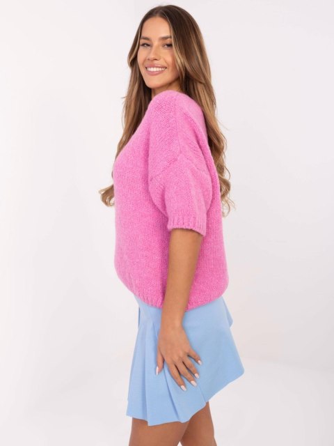 Sweter oversize z krótkim rękawem, różowy, akrylowy Sweter oversize z krótkim rękawem, różowy, akrylowy
