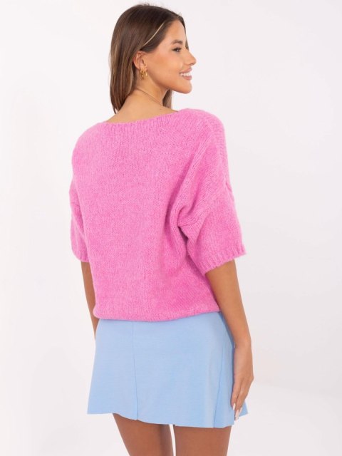 Sweter oversize z krótkim rękawem, różowy, akrylowy Sweter oversize z krótkim rękawem, różowy, akrylowy