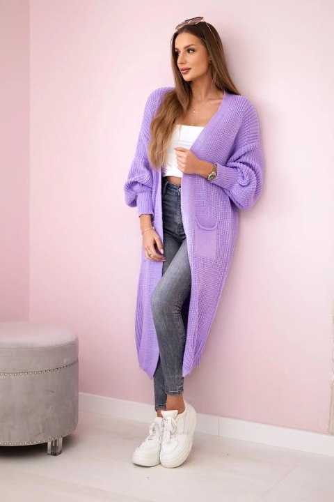 Sweter długi kardigan jasny fioletowy, akrylowy, włoski Sweter długi kardigan jasny fioletowy, akrylowy, włoski