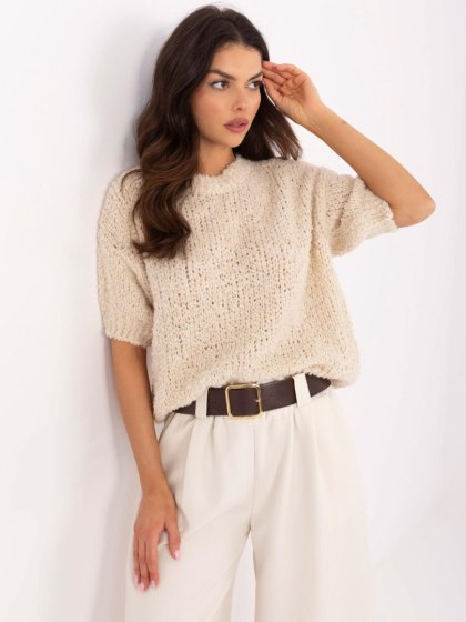 Sweter beżowy, oversize z krótkim rękawem i okrągłym dekoltem