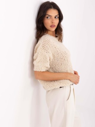 Sweter beżowy, oversize z krótkim rękawem i okrągłym dekoltem