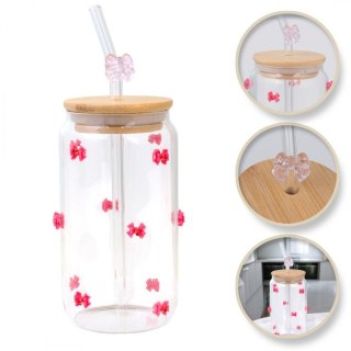 Szklanka 460 ml z różowymi kokardkami, rurką i bambusową pokrywką - SZK135