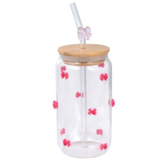 Szklanka 460 ml z różowymi kokardkami, rurką i bambusową pokrywką - SZK135