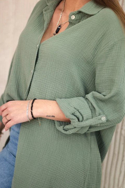 Koszula bawełniana muślinowa oversize khaki, cosual, włoska