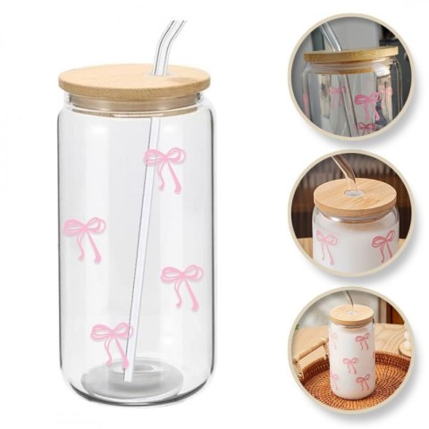 Szklanka z różowymi kokardkami 500 ml z rurką i bambusową pokrywką Szklanka z różowymi kokardkami 500 ml z rurką i bambusową pokrywką