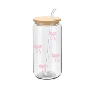 Szklanka 500 ml z kokardkami – bambusowa pokrywka + szklana rurka - SZK131