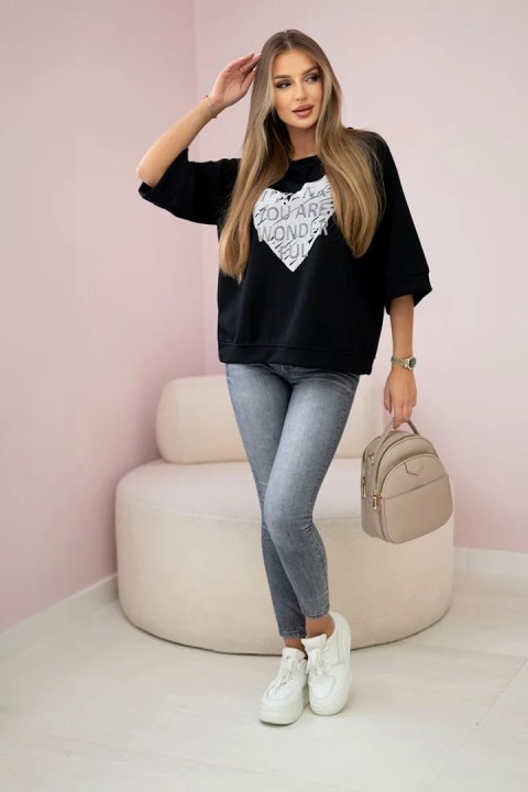 Bluza masełko z nadrukiem serca czarna, oversize, rekaw 3/4 Bluza masełko z nadrukiem serca czarna, oversize, rekaw 3/4