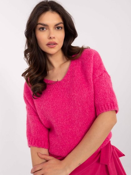 Sweter oversize z krótkim rękawem,fluo rózowy, akrylowy
