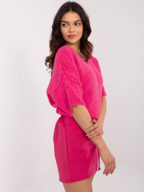 Sweter oversize z krótkim rękawem,fluo rózowy, akrylowy Sweter oversize z krótkim rękawem,fluo rózowy, akrylowy