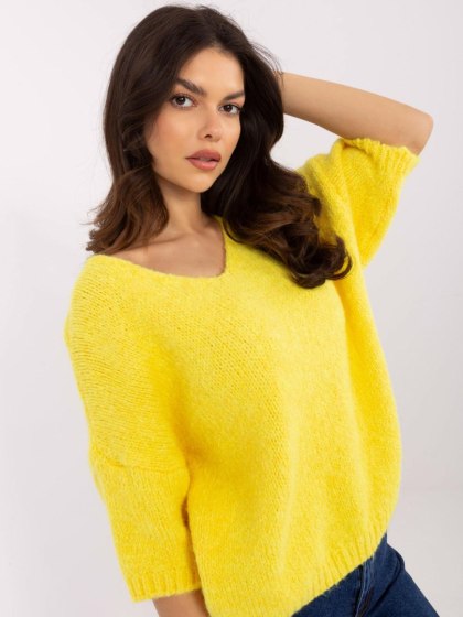 Sweter oversize z krótkim rękawem, żółty, akrylowy