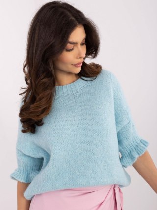 Sweter oversize niebieski z krótkim rękawem i falbanką