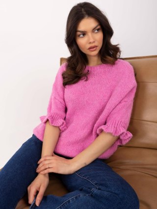 Sweter oversize różowy z krótkim rękawem i falbanką