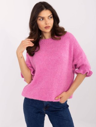 Sweter oversize różowy z krótkim rękawem i falbanką