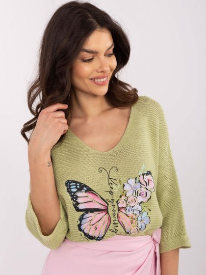 Sweter pistacjowy, oversize z rękawem 3/4, z nadrukiem motyla