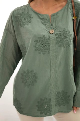 Bluzka koszulowa z haftowanym wzorem khaki, oversize, z guzikiem