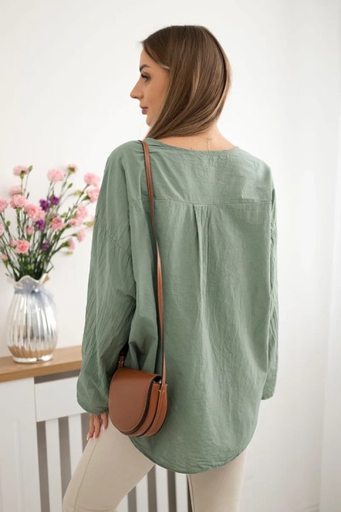Bluzka koszulowa z haftowanym wzorem khaki, oversize, z guzikiem