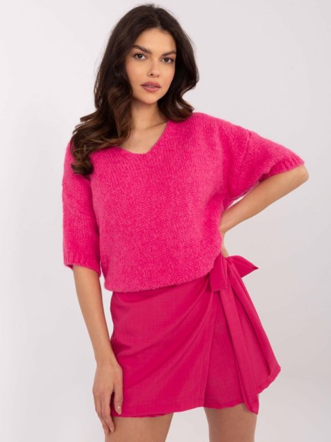 Sweter oversize z krótkim rękawem,fluo rózowy, akrylowy Sweter oversize z krótkim rękawem,fluo rózowy, akrylowy