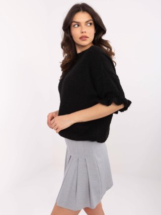 Sweter oversize czarny z krótkim rękawem i falbanką