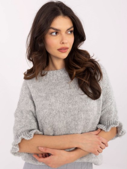 Sweter oversize szary z krótkim rękawem i falbanką