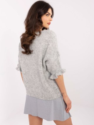 Sweter oversize szary z krótkim rękawem i falbanką