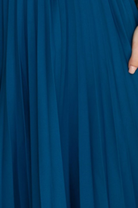 311-17 LILA Klasyczna plisowana sukienka z krótkim rękawkiem i paskiem - kolor MORSKI - XXL