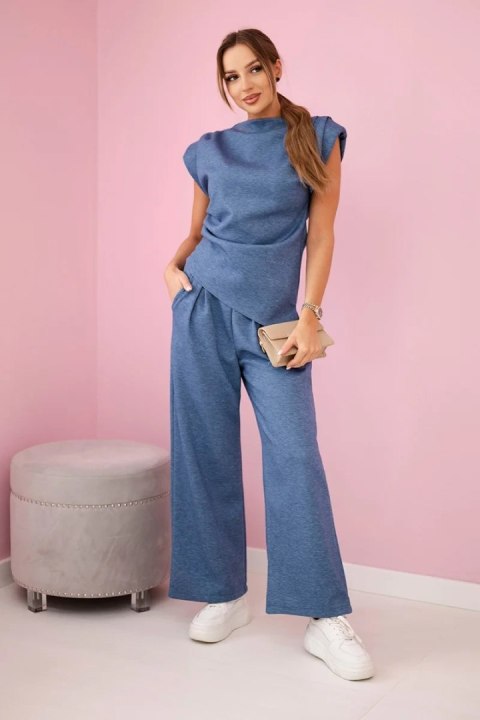 Komplet asymetryczna bluzka i spodnie jeansowy melanż, elegancki i wygodny Komplet asymetryczna bluzka i spodnie jeansowy melanż, elegancki i wygodny