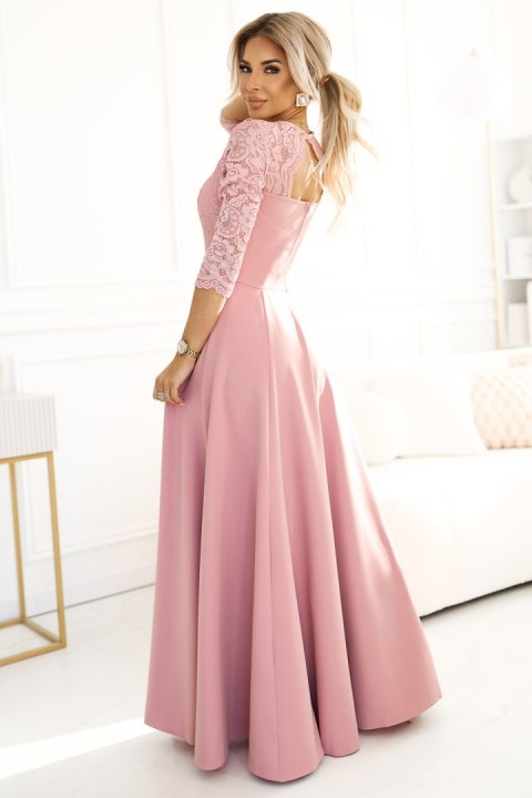 309-13 AMBER elegancka długa koronkowa suknia z dekoltem - PUDROWY RÓŻ - XXL