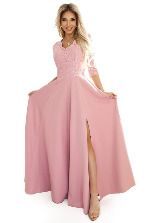 309-13 AMBER elegancka długa koronkowa suknia z dekoltem - PUDROWY RÓŻ - XXL