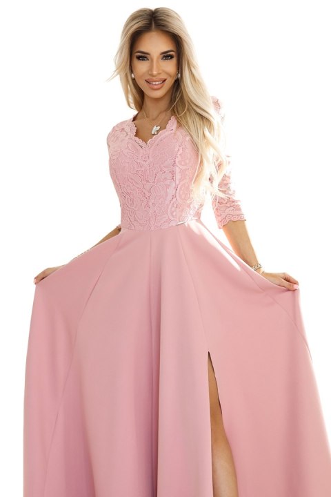 309-13 AMBER elegancka długa koronkowa suknia z dekoltem - PUDROWY RÓŻ - XXL