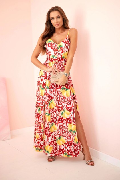 Sukienka letnia maxi na ramiączkach z nadrukiem czerwona - ITALY MODA