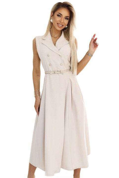 596-1 Elegancka szmizjerka midi ze złotymi guzikami i paskiem - BEŻOWA - UNI
